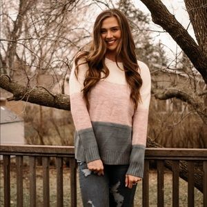 Color Block Knit Sweater Pink White Gray
